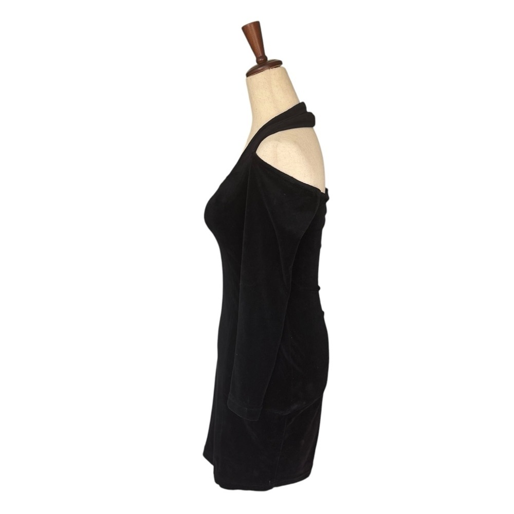 Vintage 90s YES Black Velvet Velour Bodycon Cutout Halter Mini Dress Club Goth - Picture 8 of 9